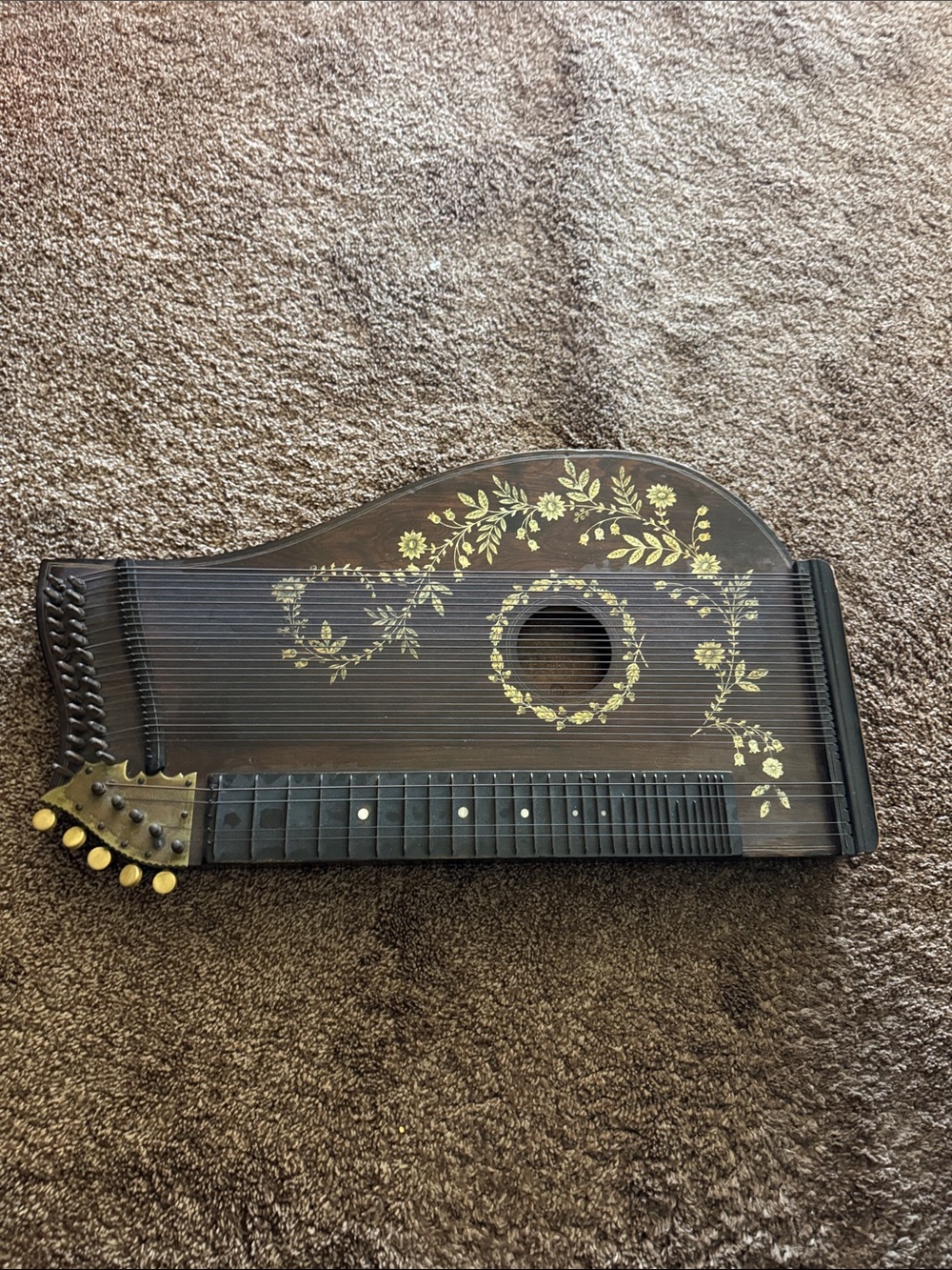 Vintage Floral-Accented Dark Wood German Zither